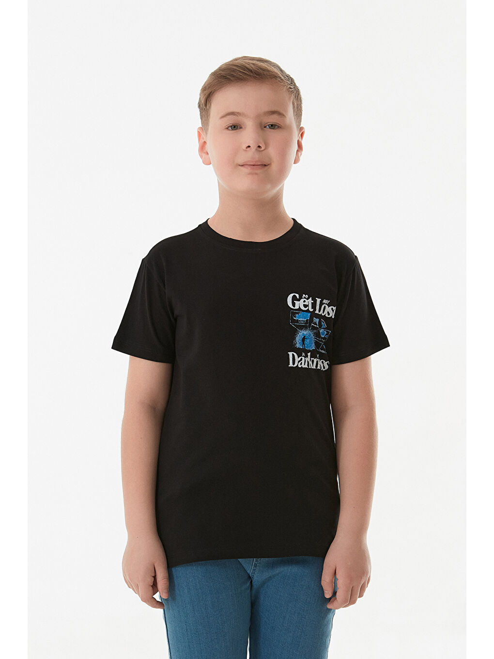 Siyah Yazı Baskılı Bisiklet Yaka Erkek Çocuk Tişört
