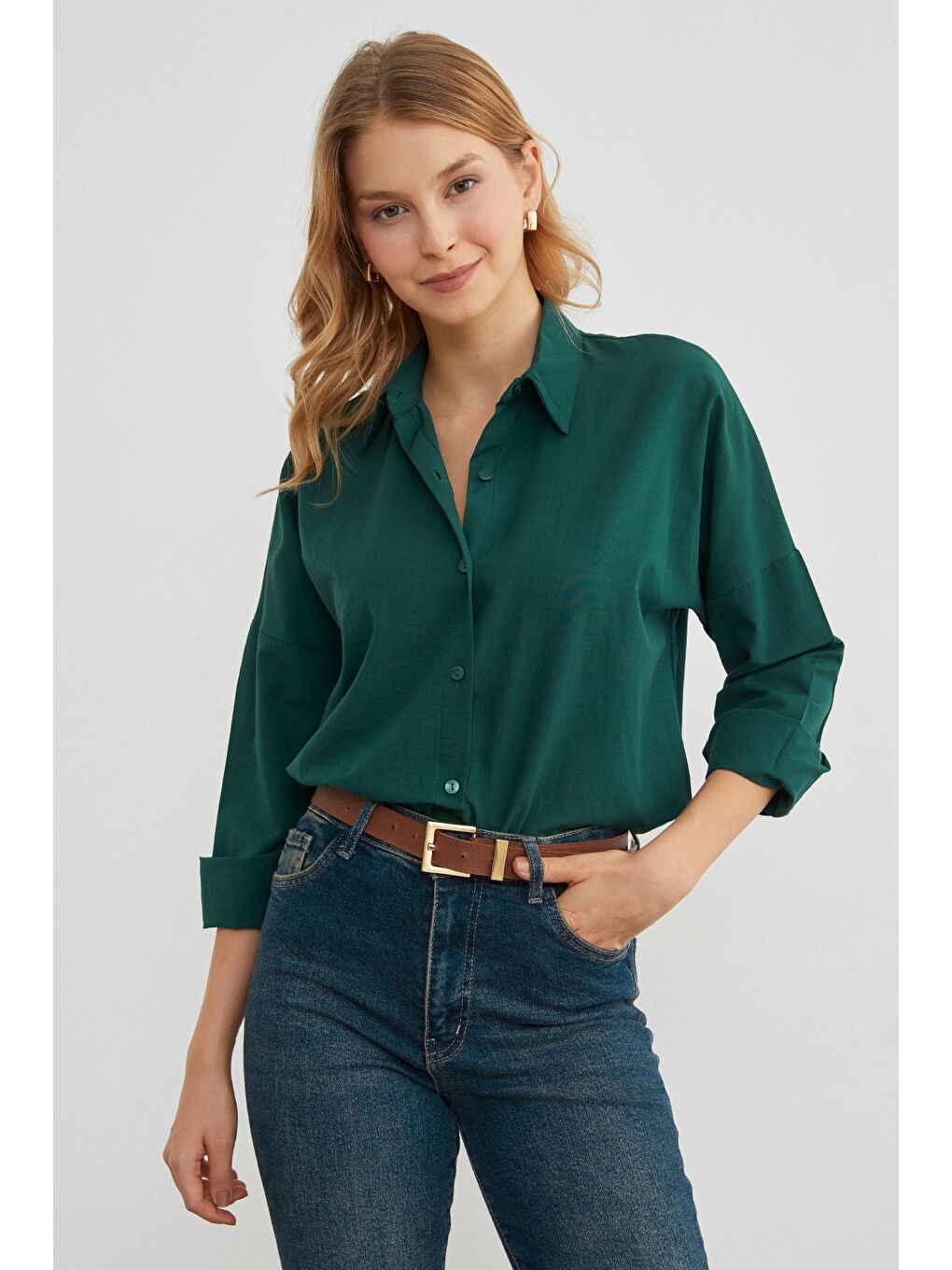 Yeşil Basic Düğmeli Gömlek-1