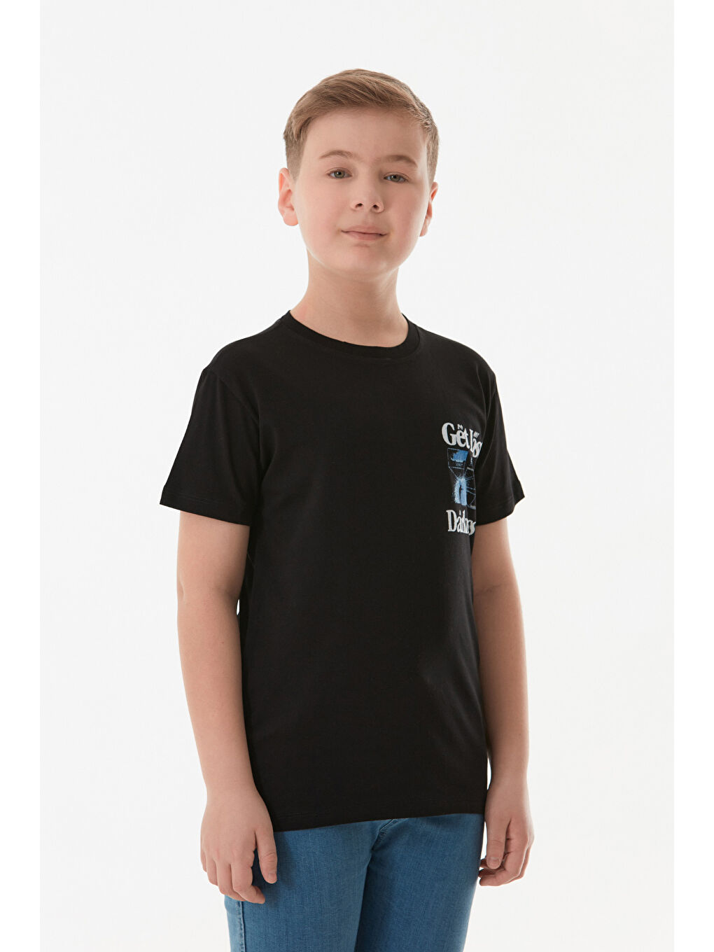 Siyah Yazı Baskılı Bisiklet Yaka Erkek Çocuk Tişört-1