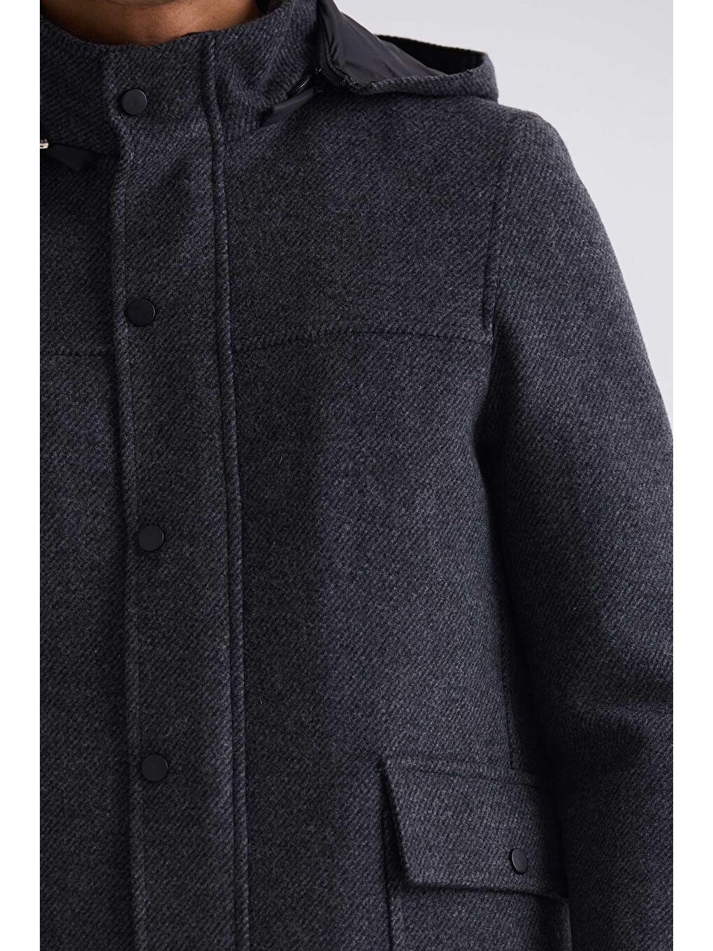 Koyu Lacivert Comfort Fit Hakim Yaka Desenli Kapüşonlu Yünlü Spor Kaban-2