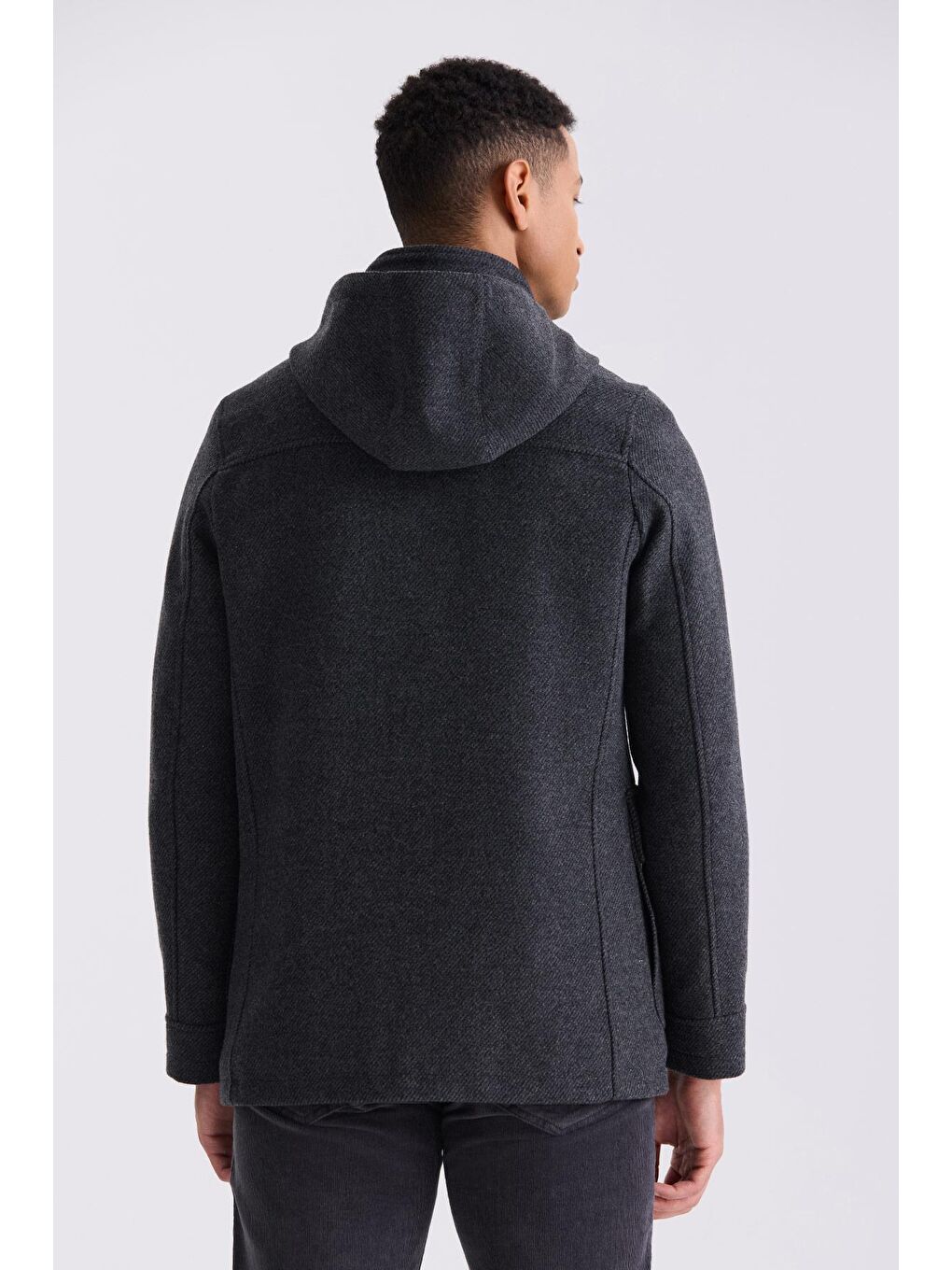 Koyu Lacivert Comfort Fit Hakim Yaka Desenli Kapüşonlu Yünlü Spor Kaban-3