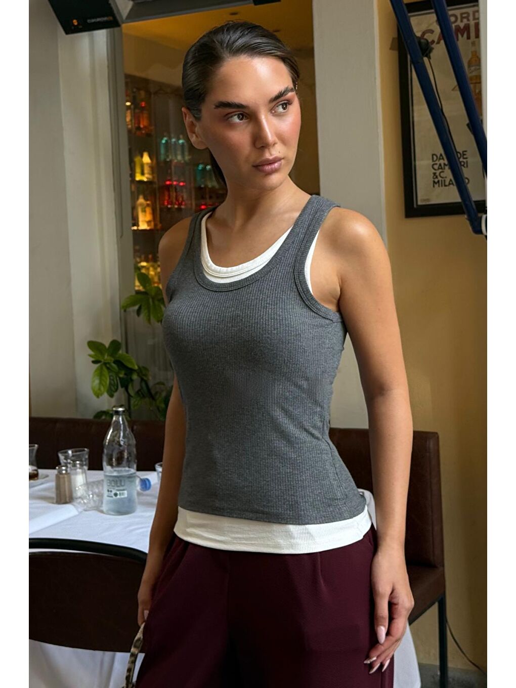 Gri Çift Kat Görünümlü Kadın Atlet Mg2558-3