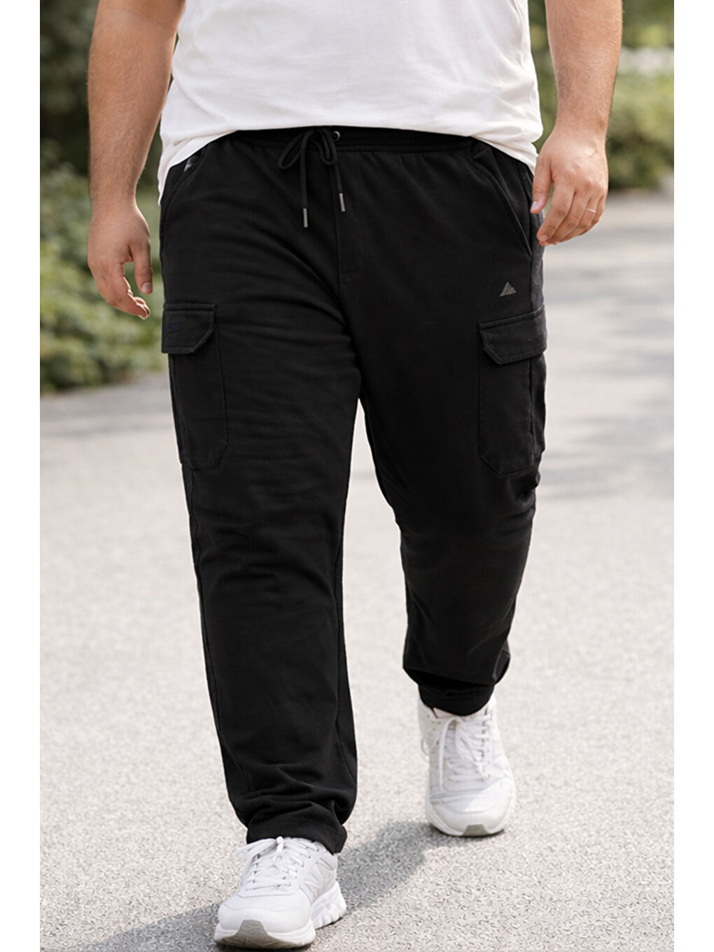 Büyük Beden Erkek Komando Cep Detay Beli Ribana Pamuklu Düz Paça Eşofman Altı 1709 Siyah-1