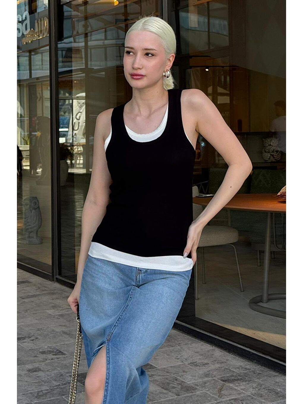 Siyah Çift Kat Görünümlü Kadın Atlet Mg2558-4