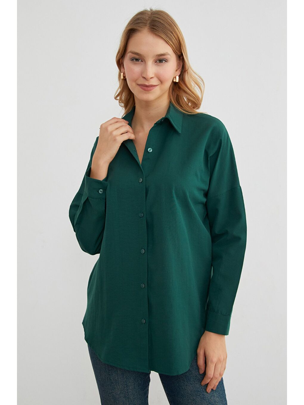 Yeşil Basic Düğmeli Gömlek-2