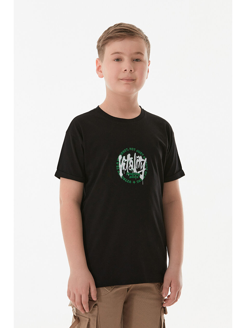 Siyah %100 Pamuk Yazı Baskılı Bisiklet Yaka Erkek Çocuk Tişört