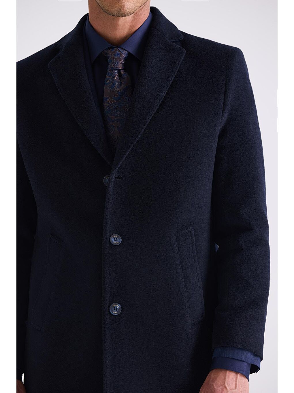 Koyu Lacivert Comfort Fit Mono Yaka Yan Cep Kaşe Kaban-2