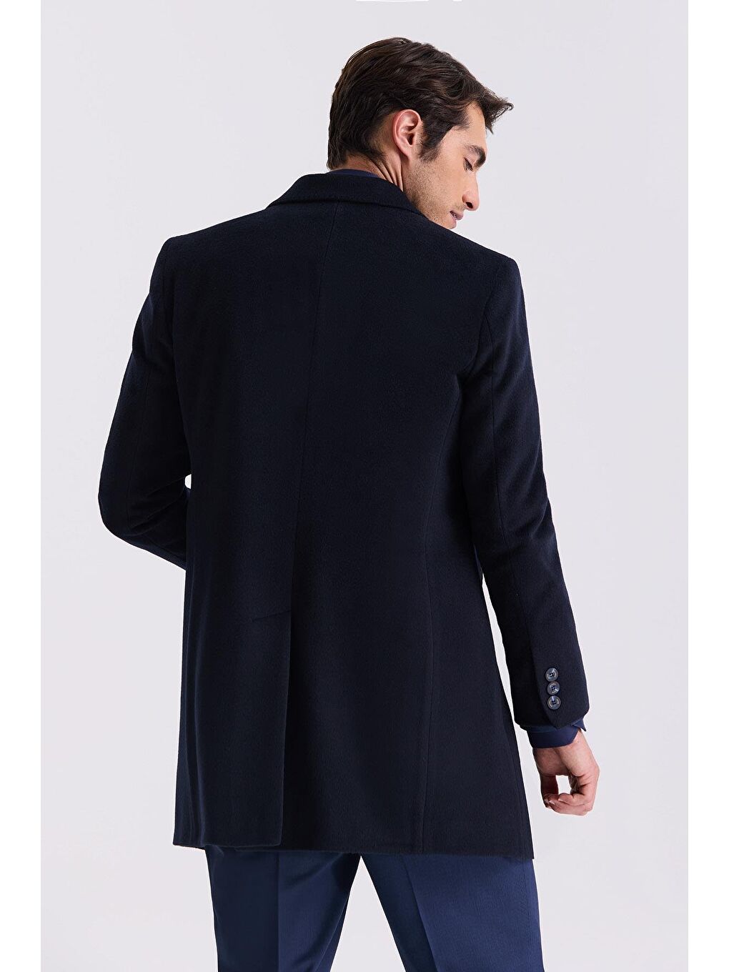 Koyu Lacivert Comfort Fit Mono Yaka Yan Cep Kaşe Kaban-3