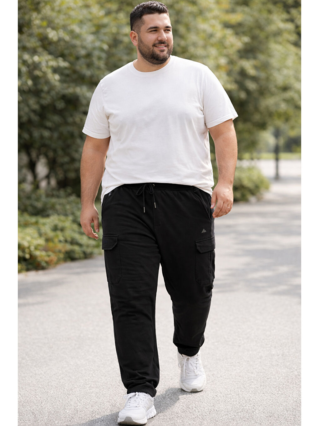 Büyük Beden Erkek Komando Cep Detay Beli Ribana Pamuklu Düz Paça Eşofman Altı 1709 Siyah-3
