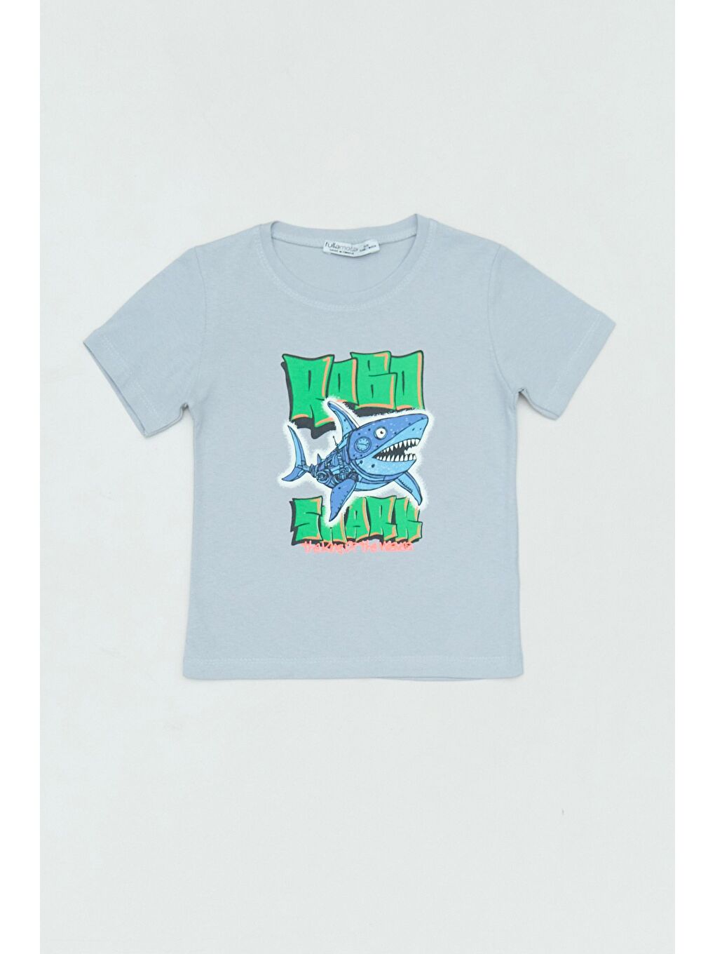 Gri %100 Pamuk Köpek Balığı Baskılı Erkek Çocuk Tişört
