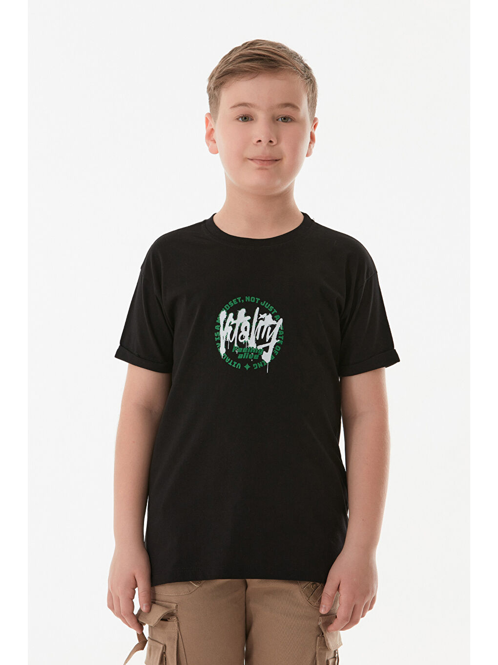 Siyah %100 Pamuk Yazı Baskılı Bisiklet Yaka Erkek Çocuk Tişört-1