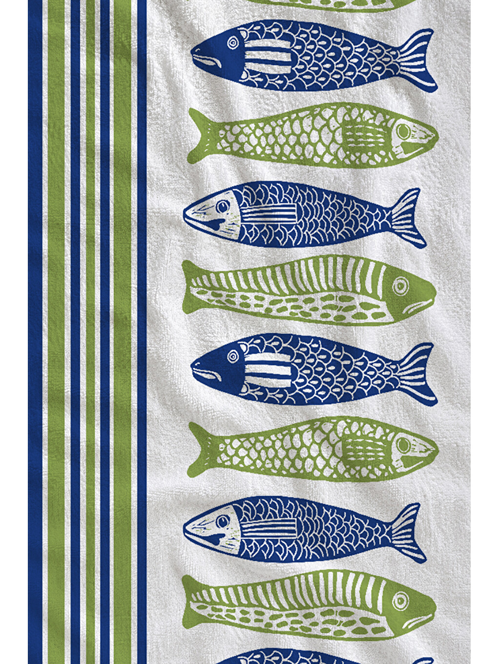 Milbay Grup Beyaz Yeşil Mavi Çizgili Balık Desenli 70x150 Cm Dijital Plaj Ve Banyo Havlusu-5233-1