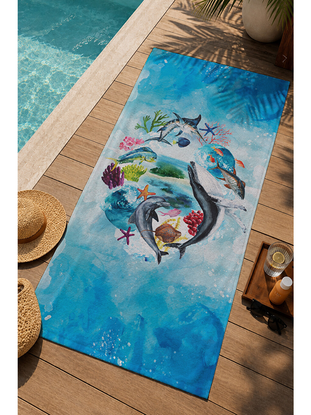 Gri Mavi Suluboya Okyanus Ve Deniz Canlıları Desenli 70x150 Cm Dijital Baskılı Plaj Ve Banyo Havlusu-2