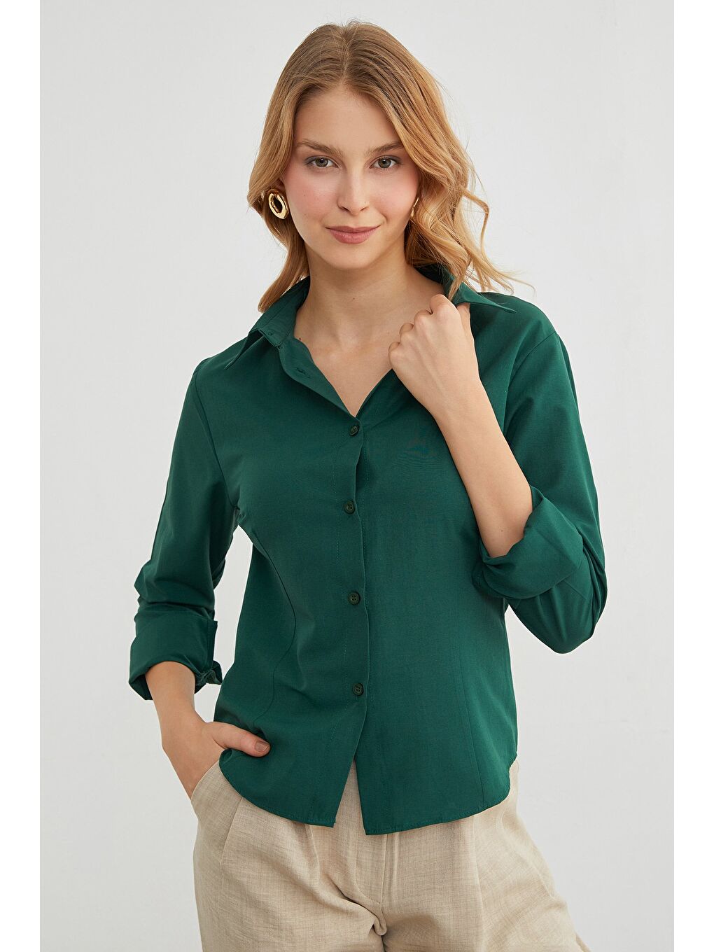 Yeşil Basic Pensli Slim Fit Gömlek