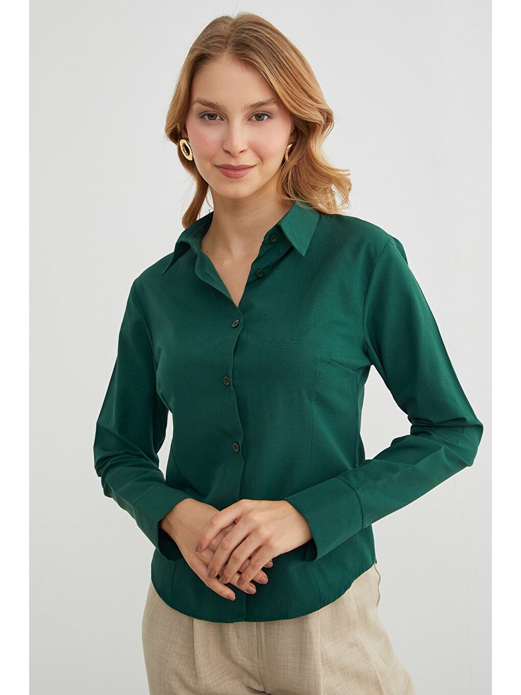 Yeşil Basic Pensli Slim Fit Gömlek-1