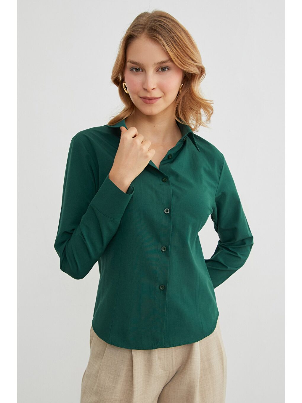 Yeşil Basic Pensli Slim Fit Gömlek-2