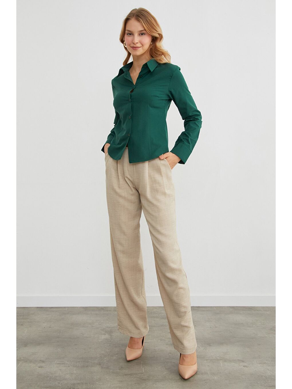 Yeşil Basic Pensli Slim Fit Gömlek-3