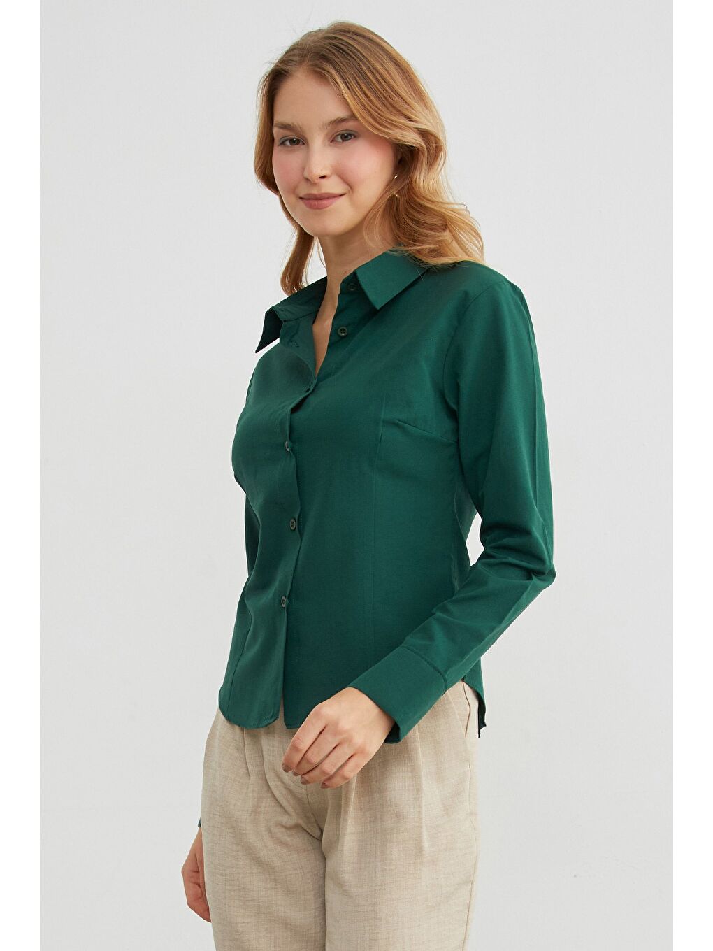 Yeşil Basic Pensli Slim Fit Gömlek-4