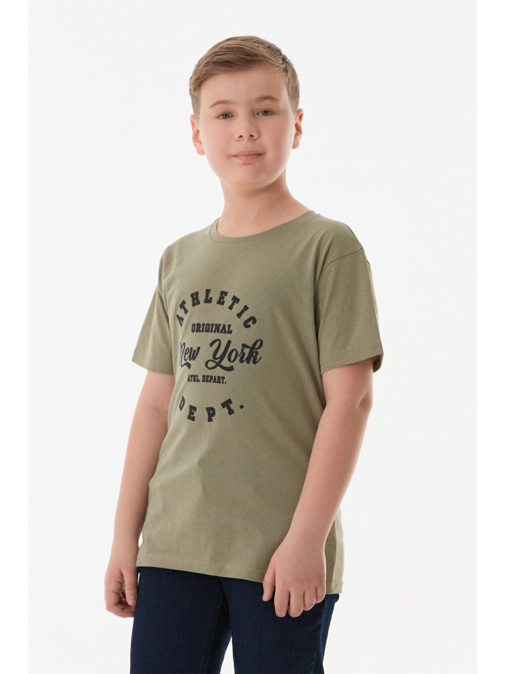 Haki %100 Pamuk Athletic Yazı Baskılı Erkek Çocuk Tişört