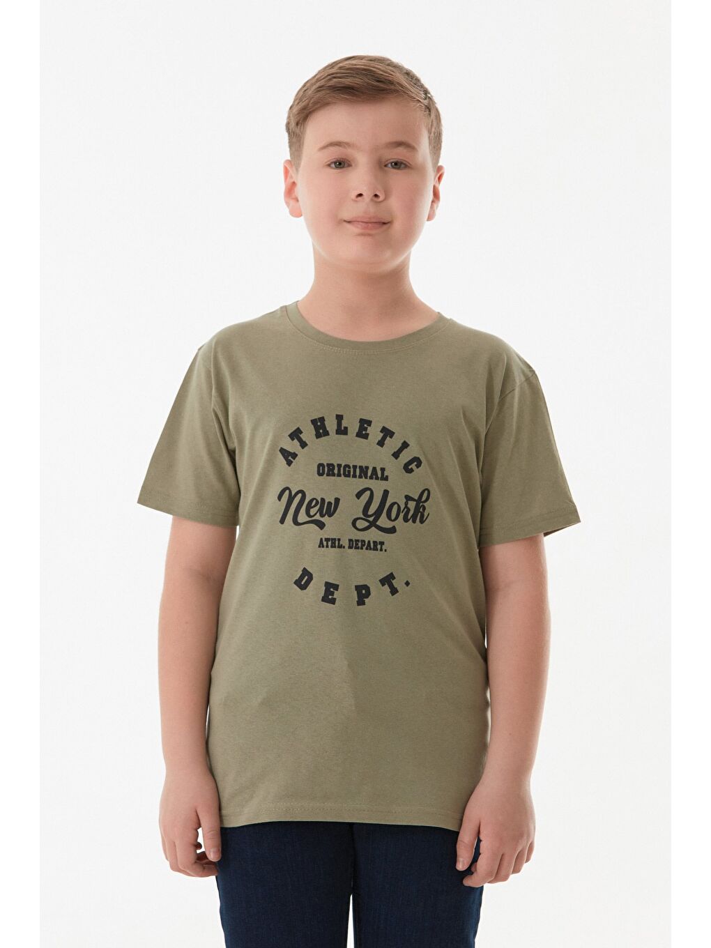 Haki %100 Pamuk Athletic Yazı Baskılı Erkek Çocuk Tişört-1