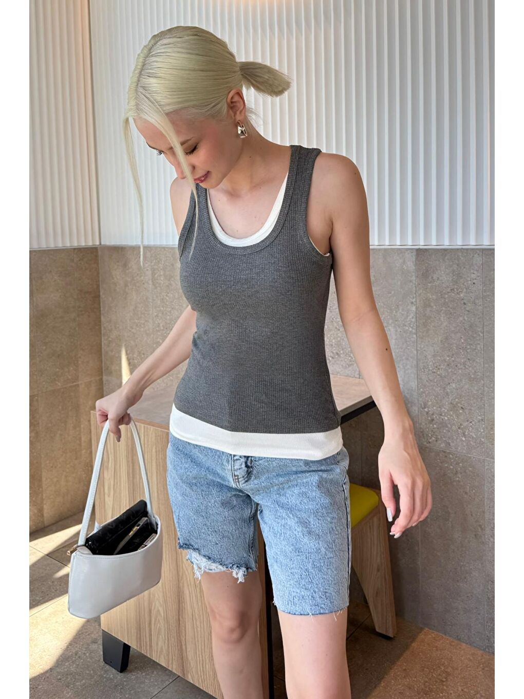 Gri Çift Kat Görünümlü Kadın Atlet Mg2558-5