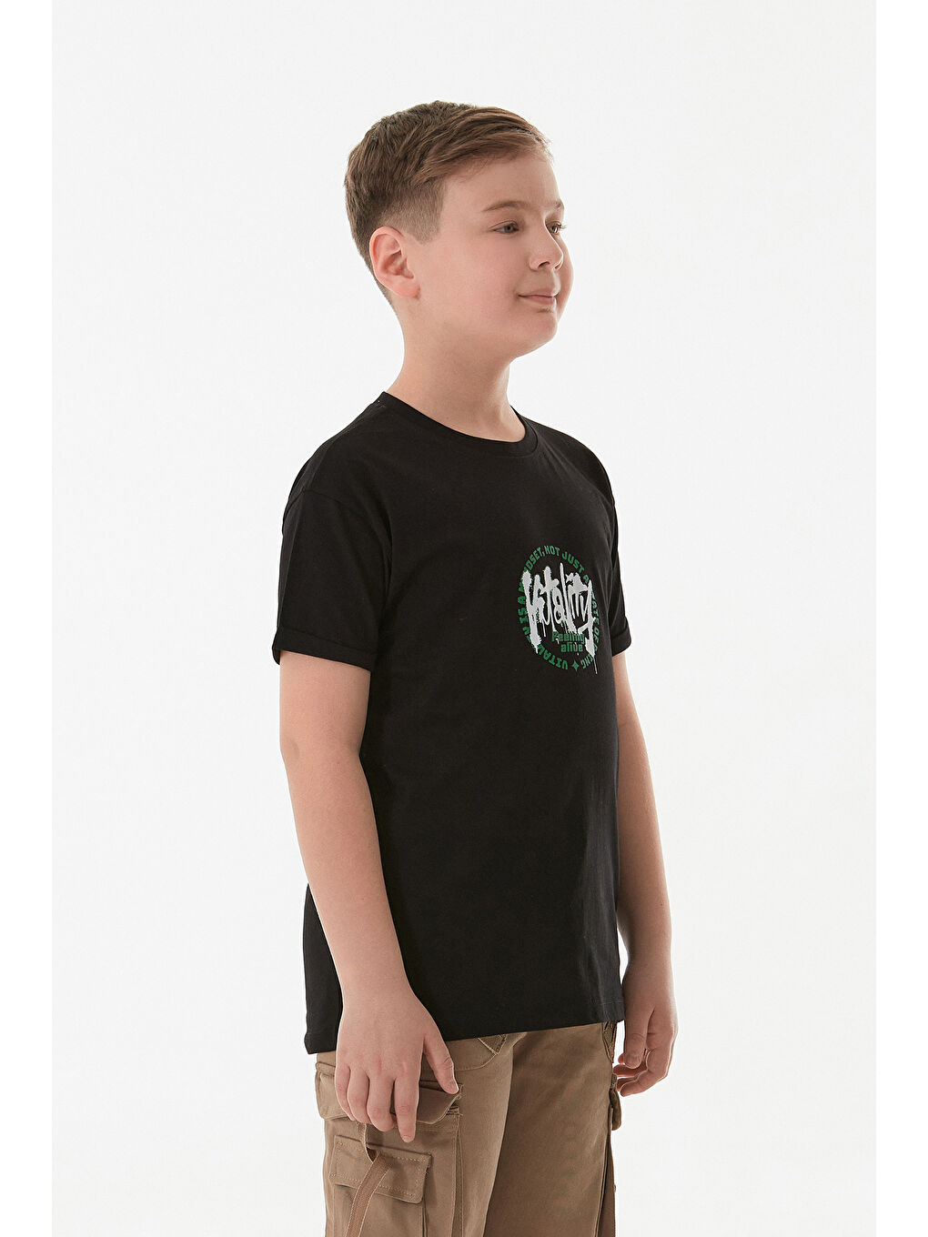 Siyah %100 Pamuk Yazı Baskılı Bisiklet Yaka Erkek Çocuk Tişört-4