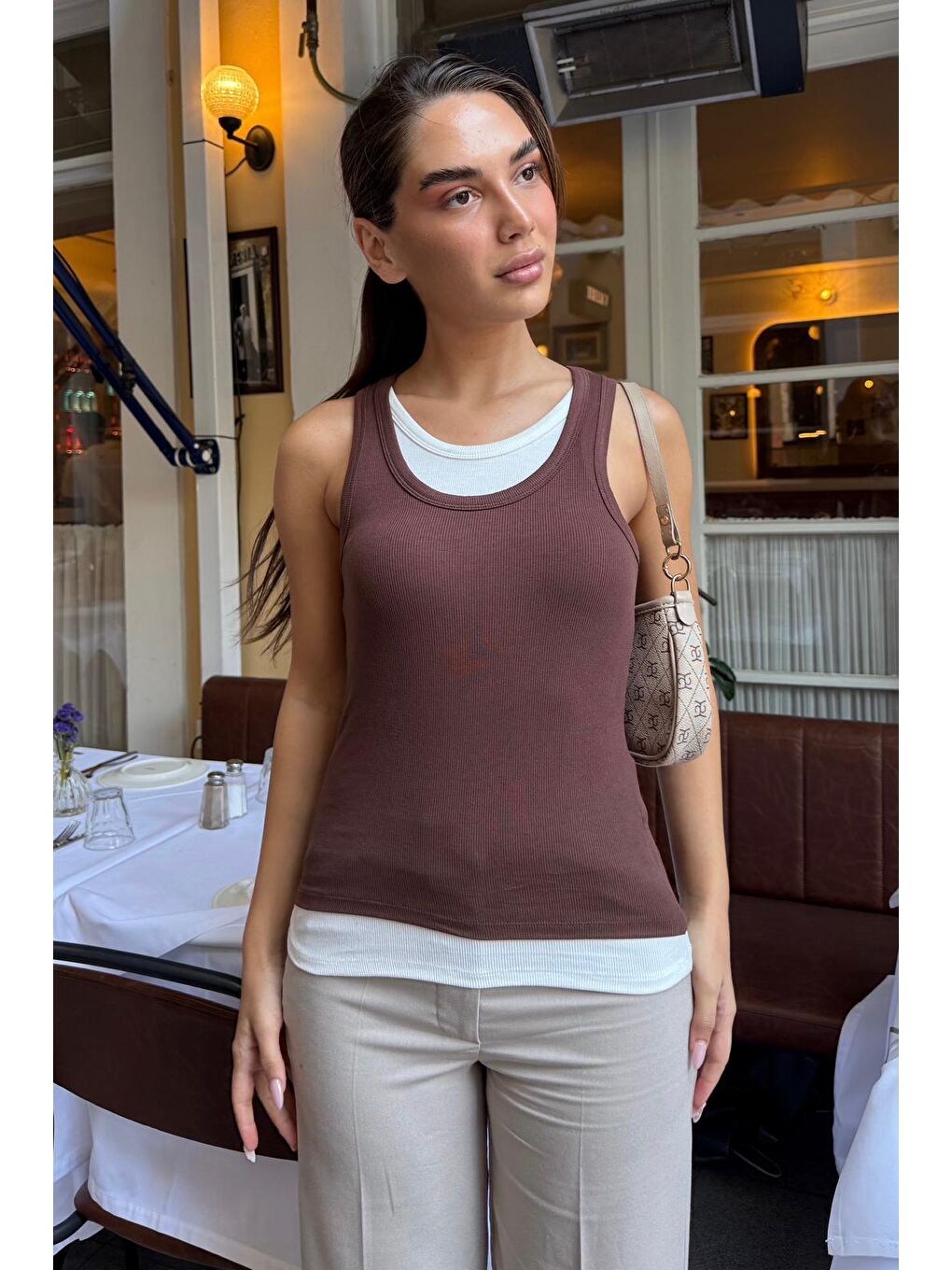 Kahverengi Çift Kat Görünümlü Kadın Atlet Mg2558-3