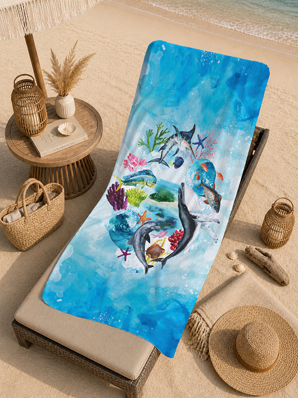 Gri Mavi Suluboya Okyanus Ve Deniz Canlıları Desenli 70x150 Cm Dijital Baskılı Plaj Ve Banyo Havlusu-4