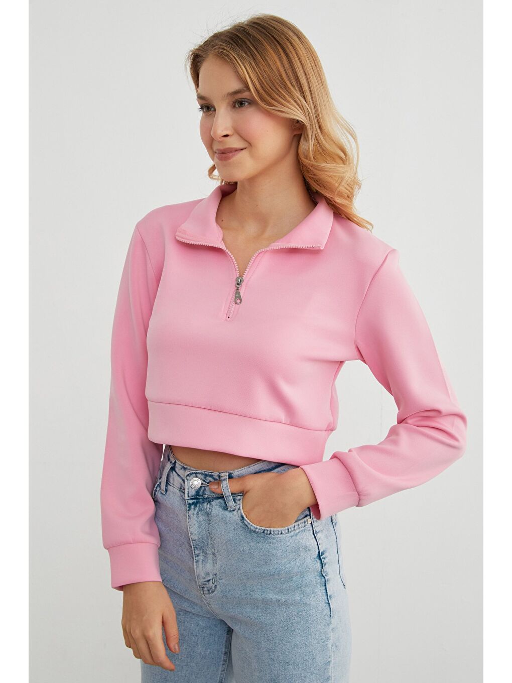 Pembe Yarım Fermuarlı Dik Yaka Crop Sweatshirt-2