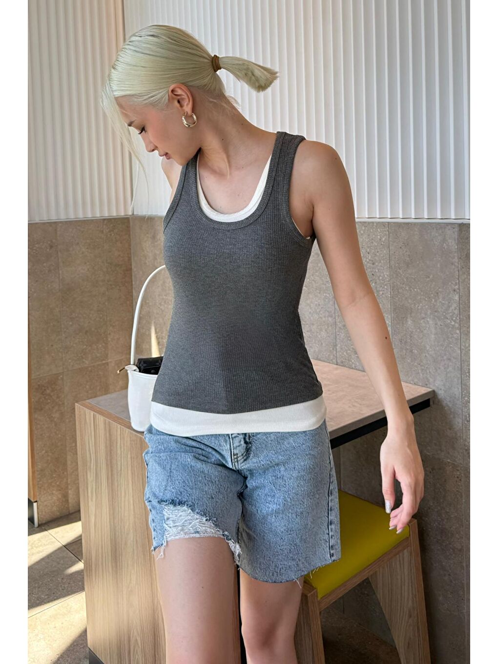 Gri Çift Kat Görünümlü Kadın Atlet Mg2558-6