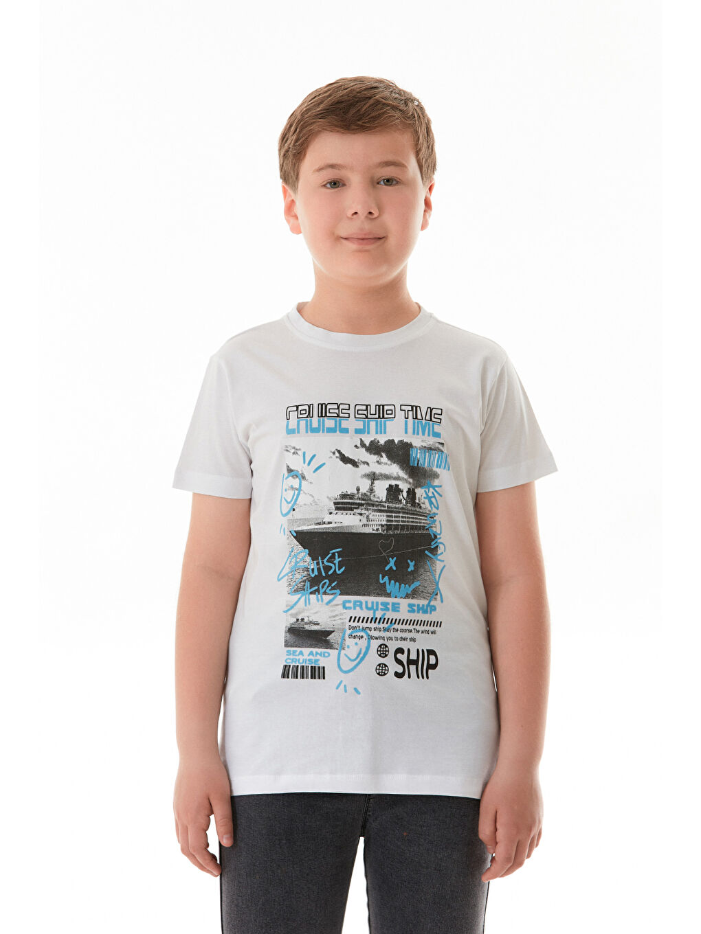 Beyaz %100 Cruise Ship Time Baskılı Erkek Çocuk Tişört-1