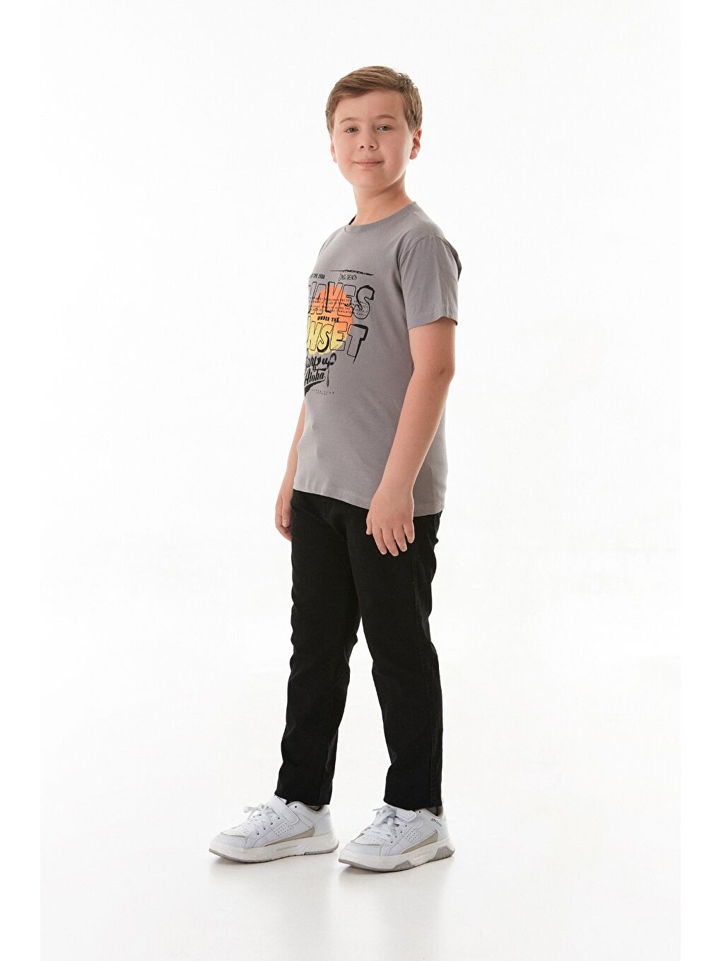 Gri %100 Pamuk Waves Sunset Baskılı Erkek Çocuk Tişört-1