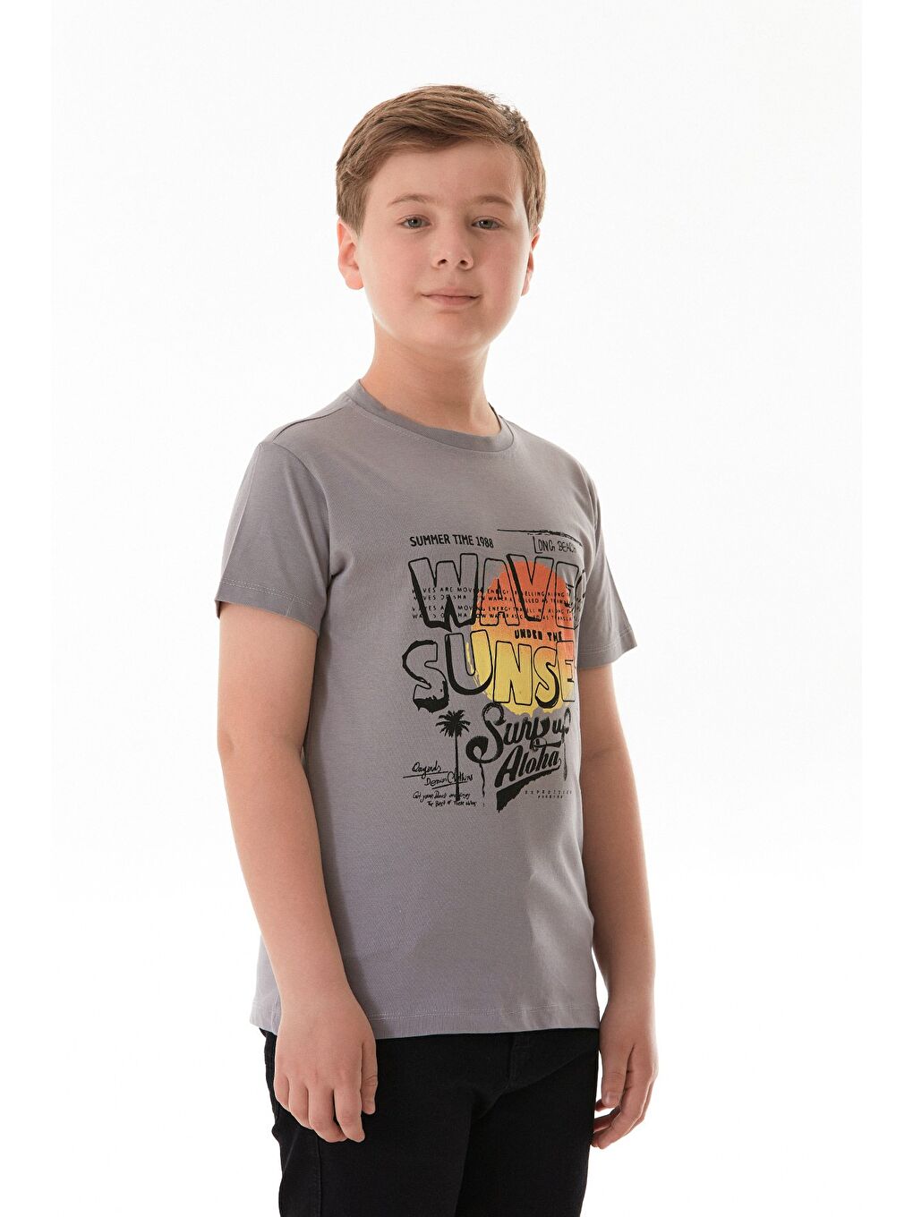 Gri %100 Pamuk Waves Sunset Baskılı Erkek Çocuk Tişört-2