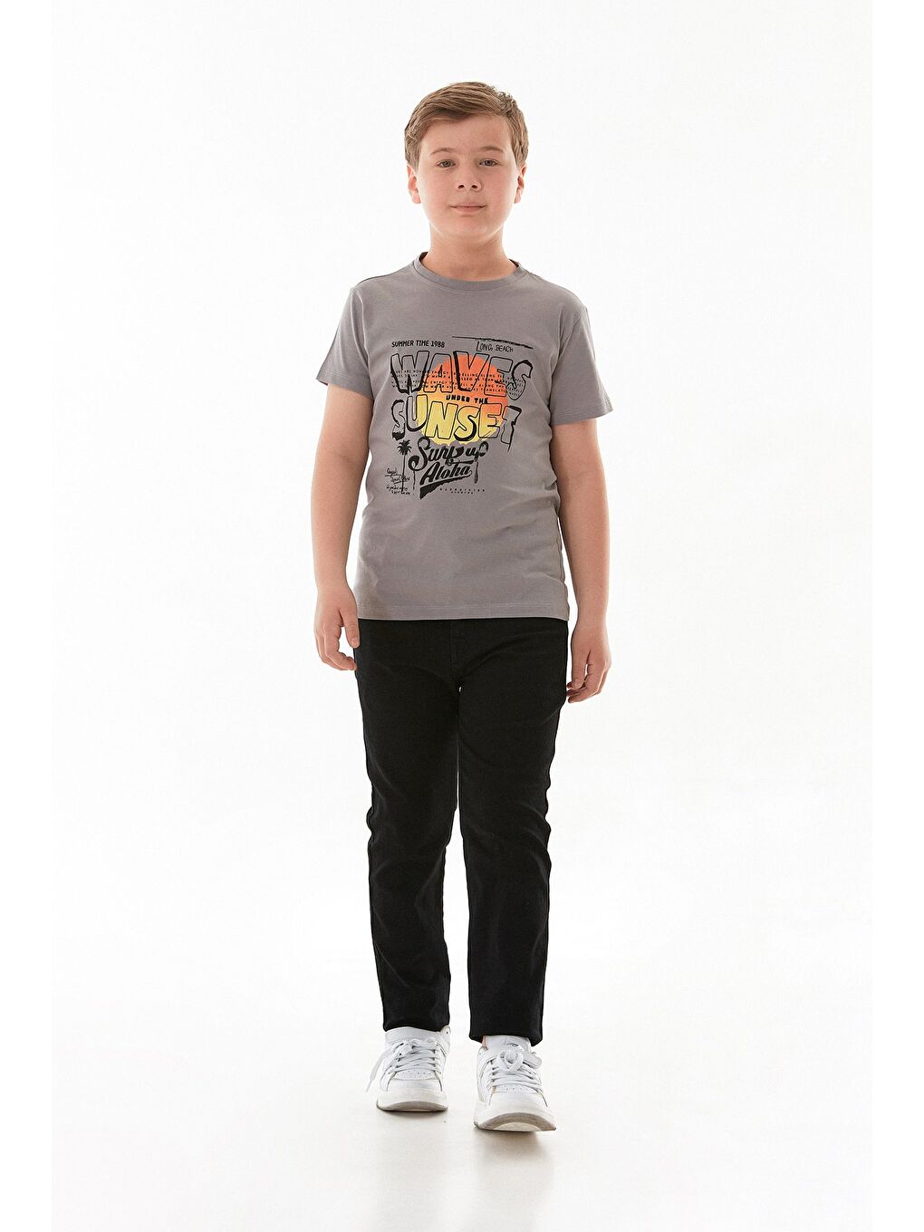Gri %100 Pamuk Waves Sunset Baskılı Erkek Çocuk Tişört-4