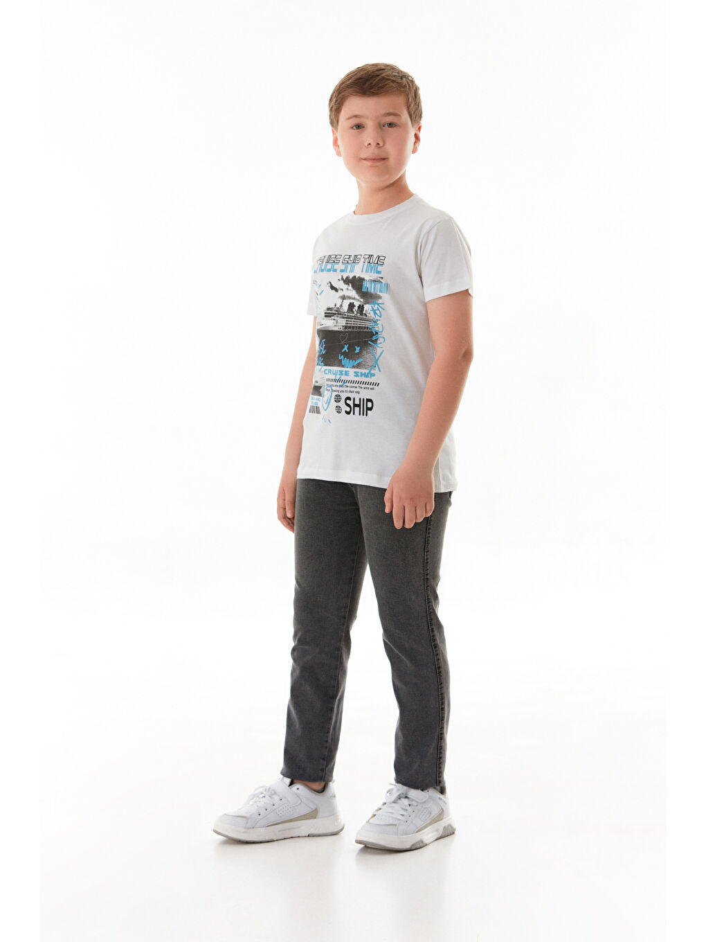 Beyaz %100 Cruise Ship Time Baskılı Erkek Çocuk Tişört-2