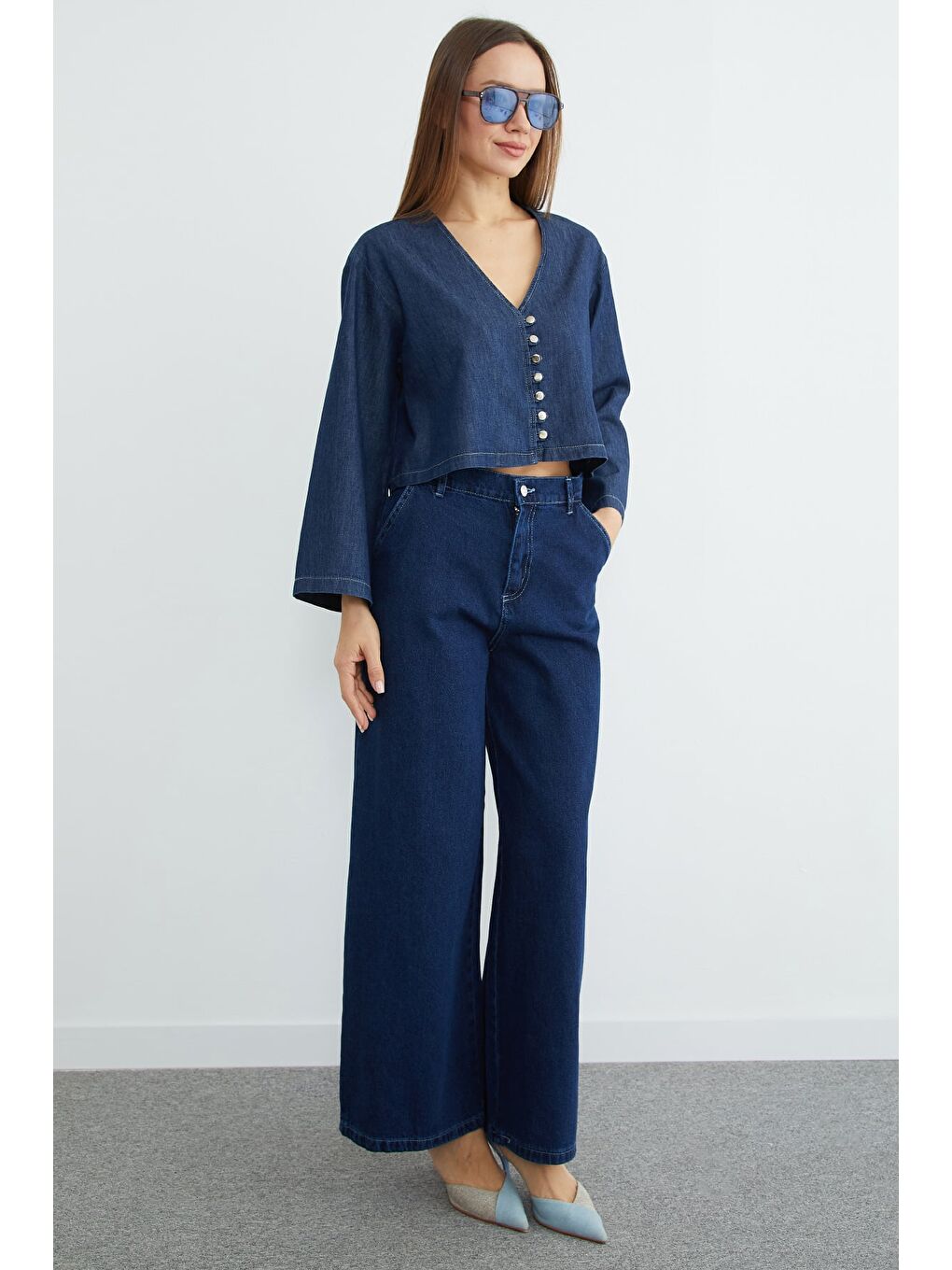 Lacivert Düğmeli Geniş Kol Crop Jean Gömlek-3