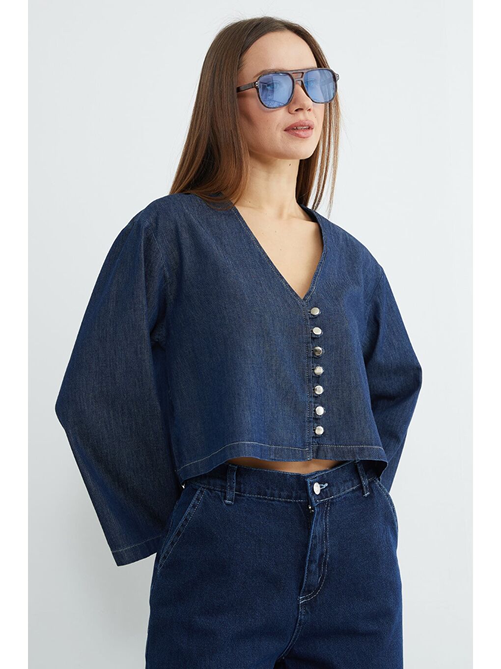 Lacivert Düğmeli Geniş Kol Crop Jean Gömlek-4