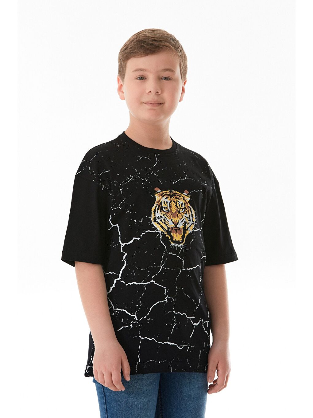 Siyah Kaplan Baskılı Erkek Çocuk Tişört-2