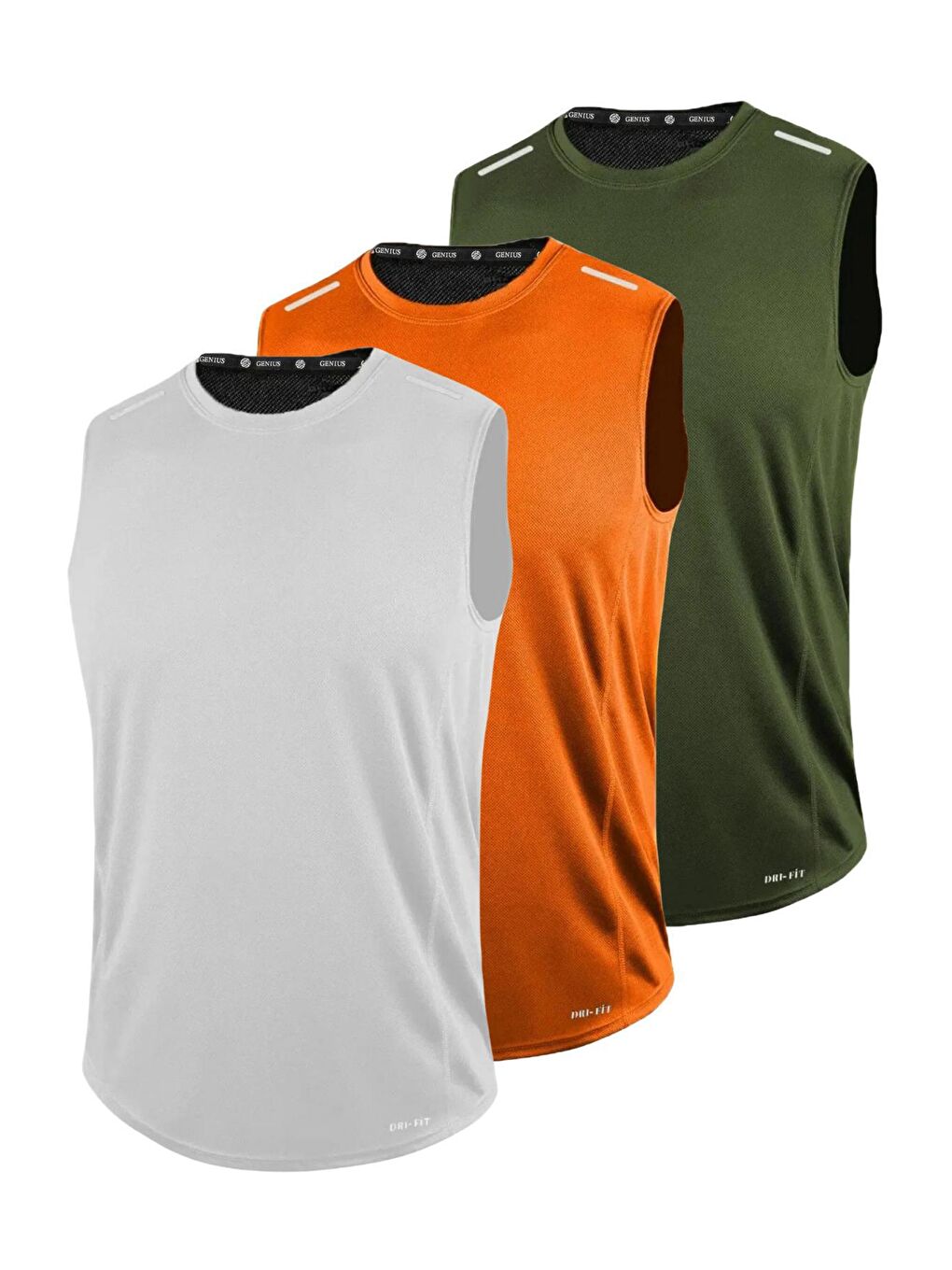 Haki 3'lü Erkek Hızlı Kuruma Sporcu Sıfır Kol T-shirt DRIFIT-SIFIRKOL3 BEYAZ-TURUNCU-HAKİ