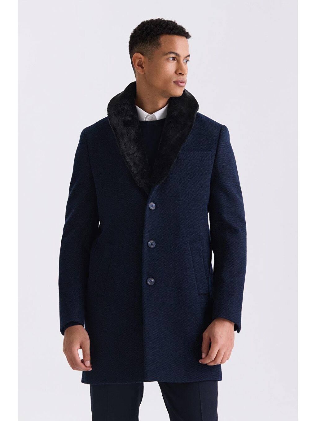 Lacivert Regular Fit Çıkarılabilir Yaka Yünlü Kaşe Kaban