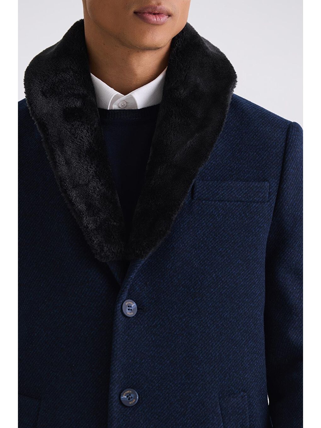 Lacivert Regular Fit Çıkarılabilir Yaka Yünlü Kaşe Kaban-2