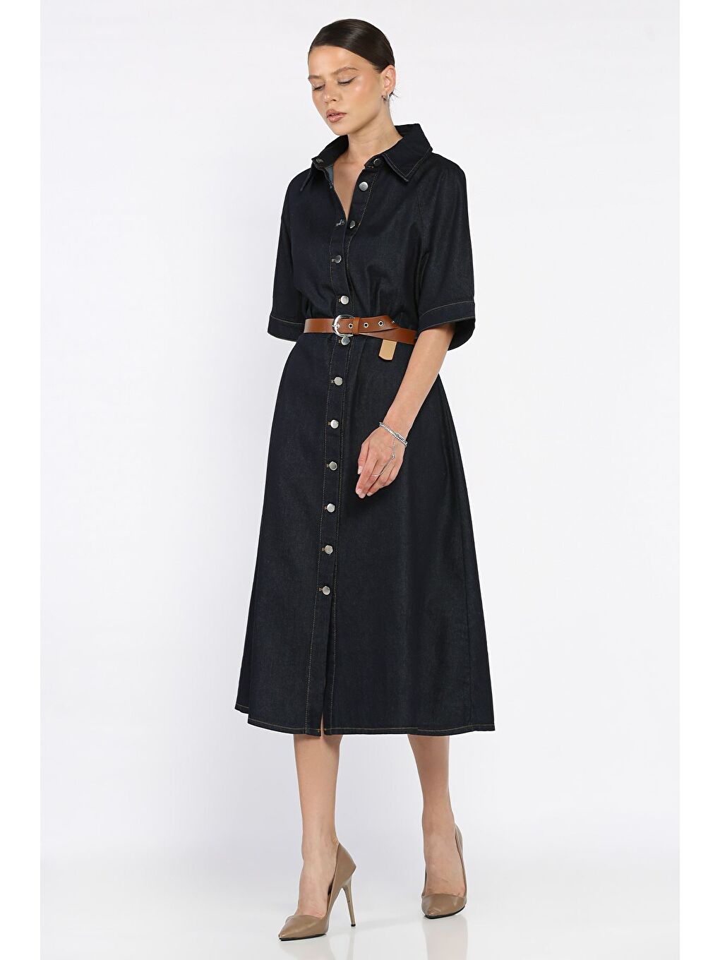 Lacivert Kadın Kemerli Jean Jean Elbise-1