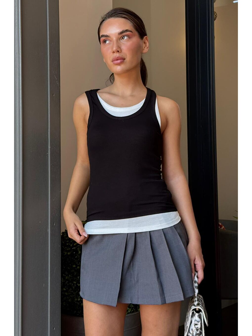 Siyah Çift Kat Görünümlü Kadın Atlet Mg2558-6