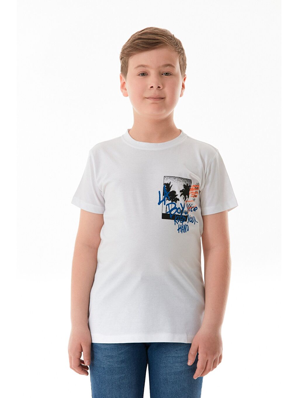 Beyaz %100 Pamuk Yazı Baskılı Erkek Çocuk Tişört
