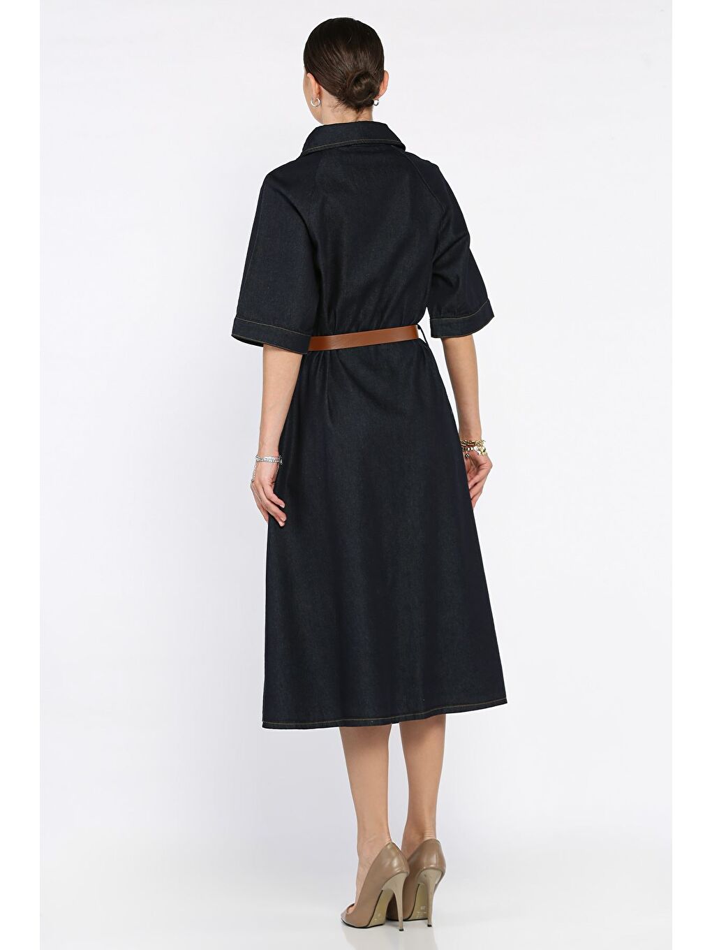 Lacivert Kadın Kemerli Jean Jean Elbise-2