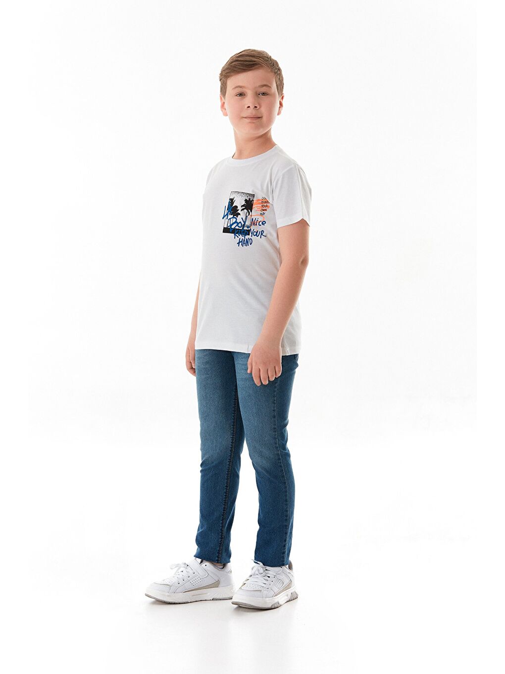 Beyaz %100 Pamuk Yazı Baskılı Erkek Çocuk Tişört-1