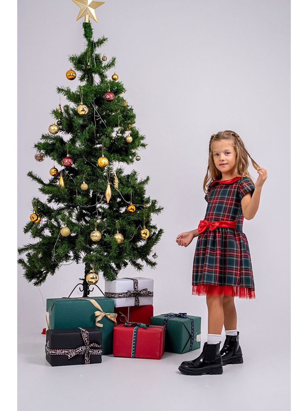 Kırmızı Kız Çocuk Ekose Desenli Fiyonklu Tüllü ( 2-6 ) Yaş Elbise-1