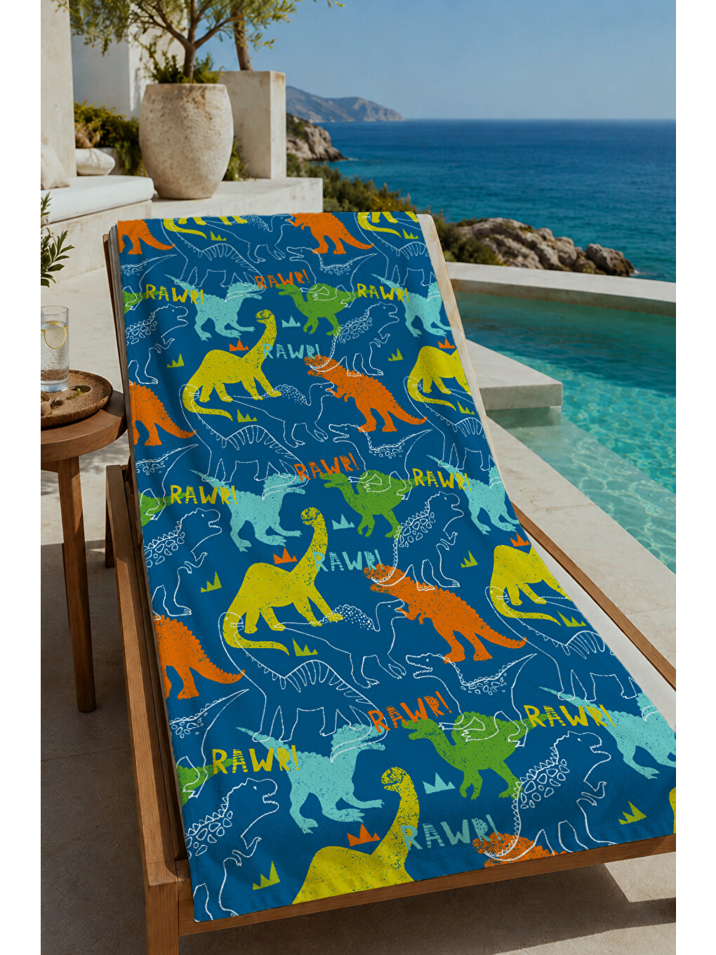 Mavi Zemin Renkli Dinozor Desenli 70x150 Cm Dijital Baskılı Plaj Ve Banyo Havlusu