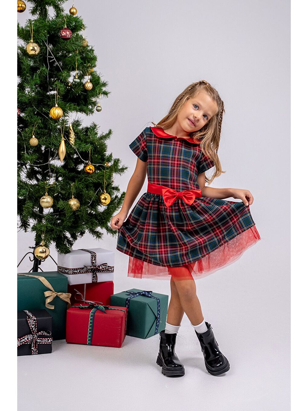 Kırmızı Kız Çocuk Ekose Desenli Fiyonklu Tüllü ( 2-6 ) Yaş Elbise-2