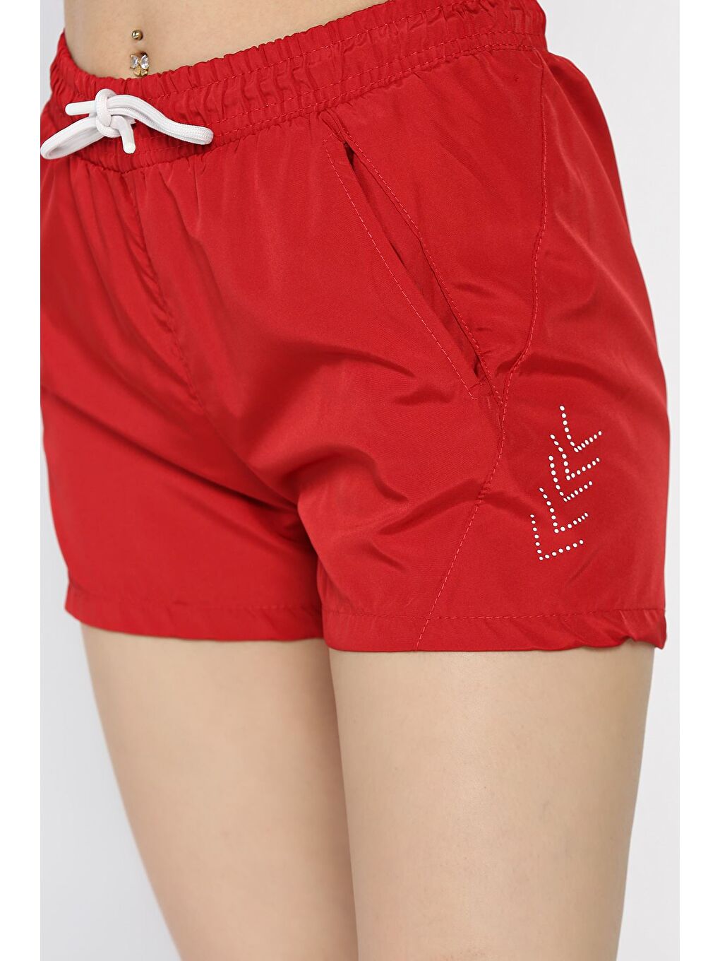 Kırmızı Kadın Baskılı Cepli Deniz Şortu-3